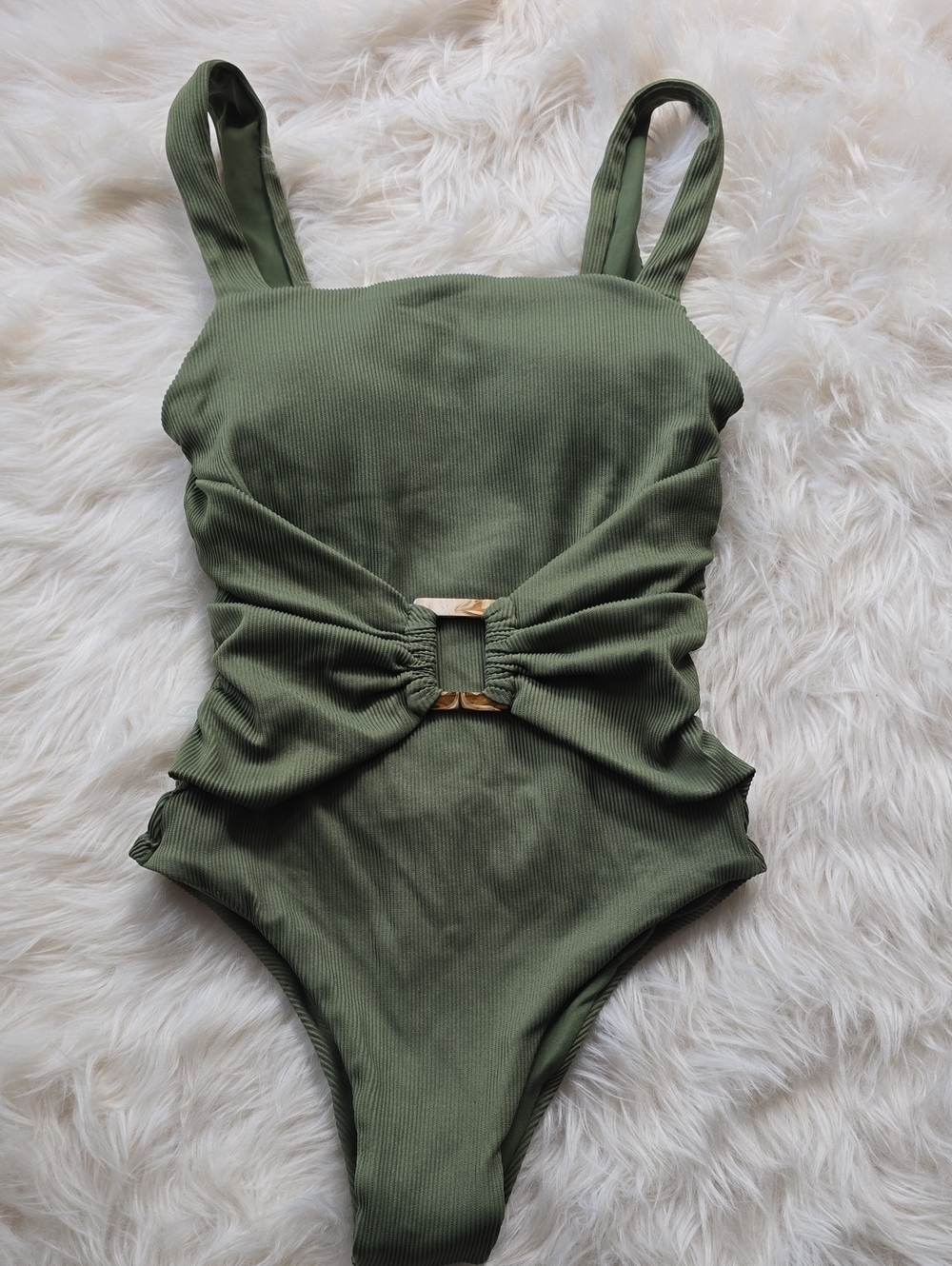Leonisa Olive Green Ribbed Ruched One Piece Swimsuit SIZE S
